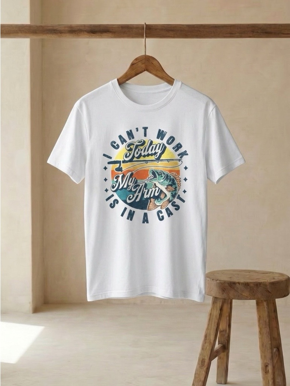 Gildan White Short Sleeve Tee with Multicolor Fishing Graphic